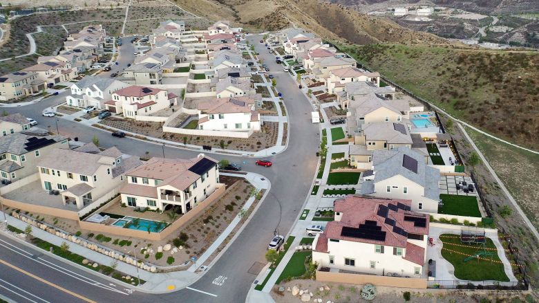 An aerial view of homes in a housing development on September 08, 2023 in Santa Clarita, California.