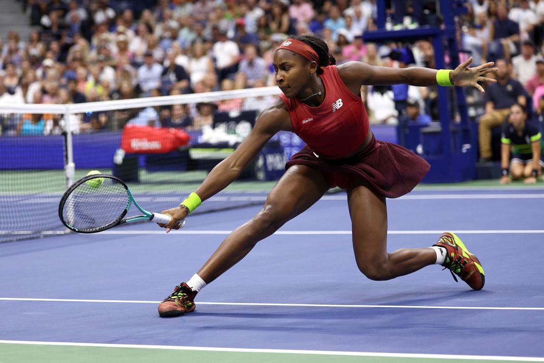 Coco Gauff, with her New Balance outfit on display, at the US Open women's singles final in 2023. She went on to beat Aryna Sabalenka in a three-set thriller.
