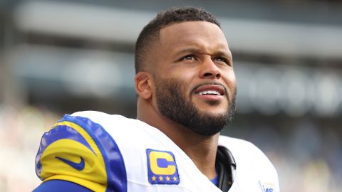 SEATTLE, WASHINGTON - SEPTEMBER 10:  Aaron Donald #99 of the Los Angeles Rams looks on late in the game against the Seattle Seahawks at Lumen Field on September 10, 2023 in Seattle, Washington. (Photo by Steph Chambers/Getty Images)