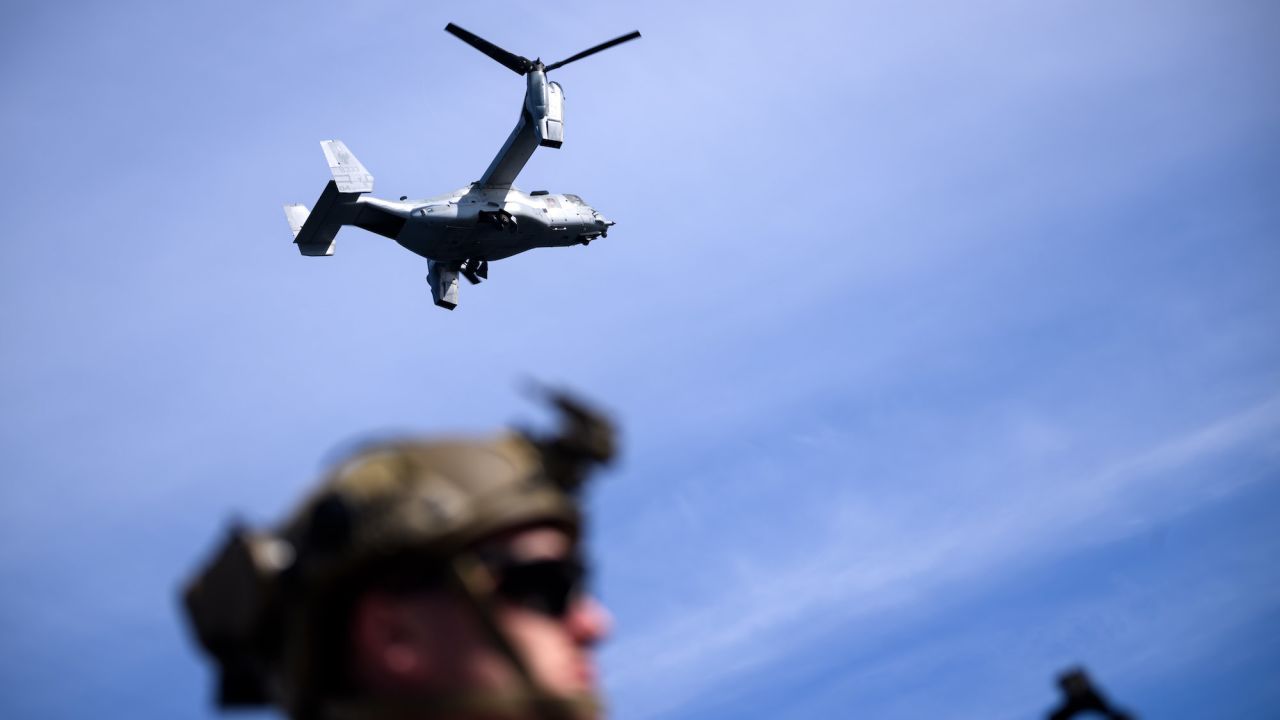 18 September 2023, Latvia, Ventspils (windau): A U.S. Navy Bell-Boeing V-22 Osprey flies over the USS Mesa Verde during the major maritime maneuver "Northern Coasts 23" in the Baltic Sea off the coast of Latvia. The German-led naval maneuver, which runs through Sept. 23, 2023, aims to exercise tactical procedures for national and alliance defense in near-shore waters. The exercise, which is also intended to strengthen cooperation between countries in the Baltic Sea region, involves 3,200 servicemen and women from 14 nations. Photo: Bernd von Jutrczenka/dpa (Photo by Bernd von Jutrczenka/picture alliance via Getty Images)