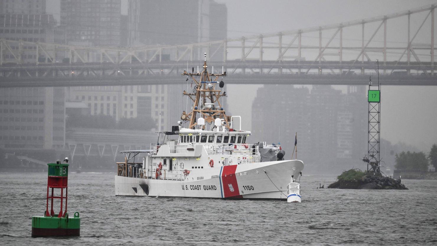 A US Coast Guard ship sits near the United Nations headquarters in New York City on September 18, 2023.