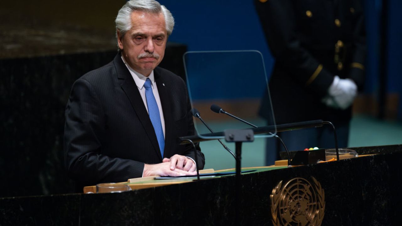 NEW YORK, NEW YORK - SEPTEMBER 19: President Alberto Fernández of Argentina addresses the 78th session of the United Nations General Assembly (UNGA) at U.N. headquarters on September 19, 2023 in New York City. World heads of state and representatives of government will attend amidst multiple global crises such as Russia's illegal war against Ukraine, the situation in the Sahel and the climate emergency. (Photo by Adam Gray/Getty Images)