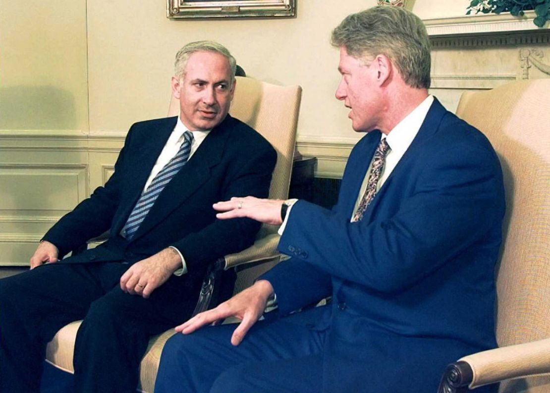 Then-President Bill Clinton meets with Israeli Prime Minister Benjamin Netanyahu in the White House.