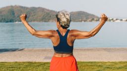 Senior gray-haired woman doing exercises in public park, sunny summer morning. Rear view.