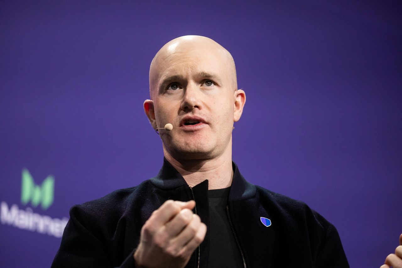 Coinbase CEO Brian Armstrong, speaks during an event in New York, on September 21, 2023.