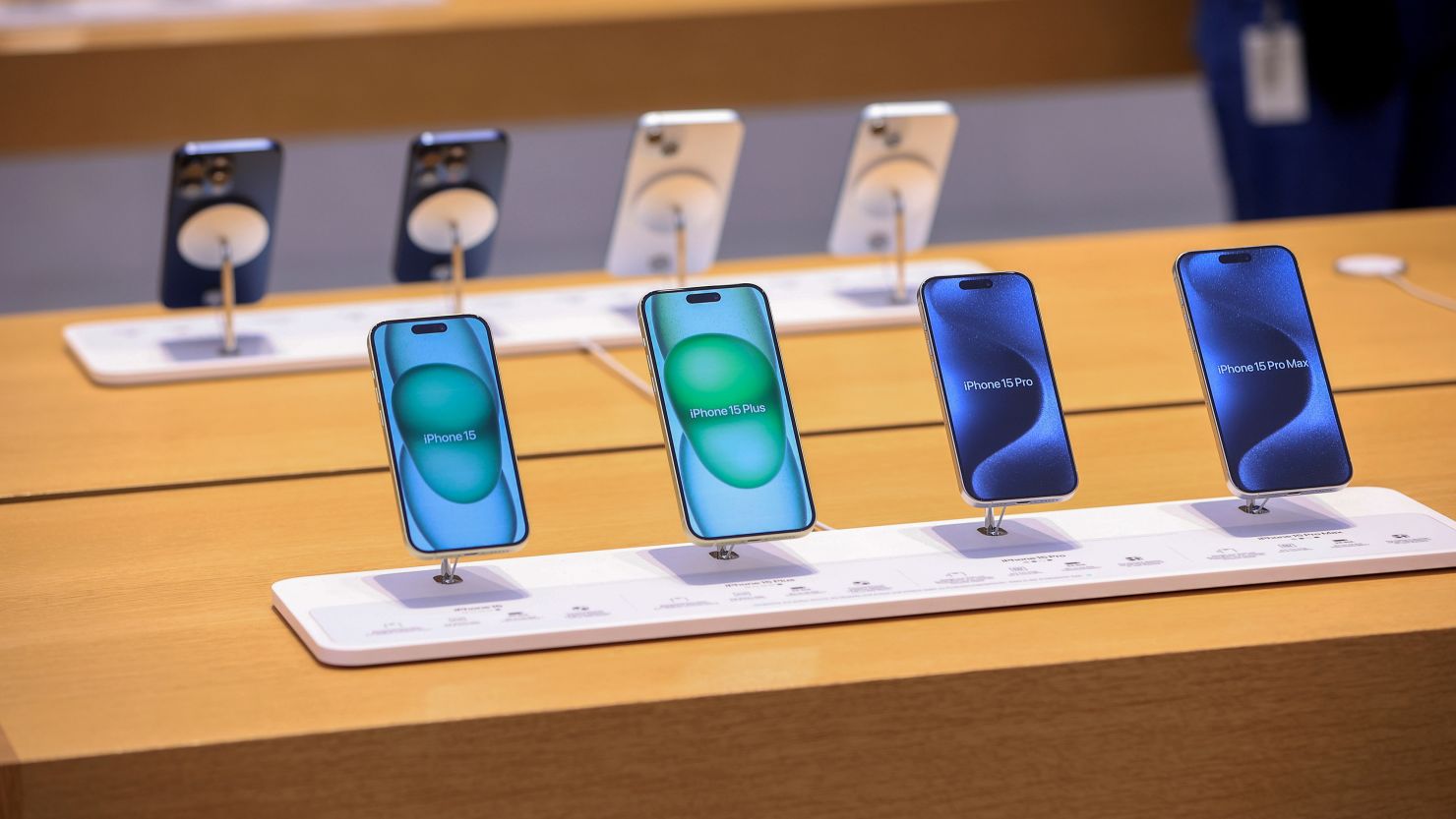 A display of the new range of iPhone 15 smartphones at the Apple Inc. Rosenthaler Strasse store in Berlin, Germany, on Friday, Sept. 22, 2023.