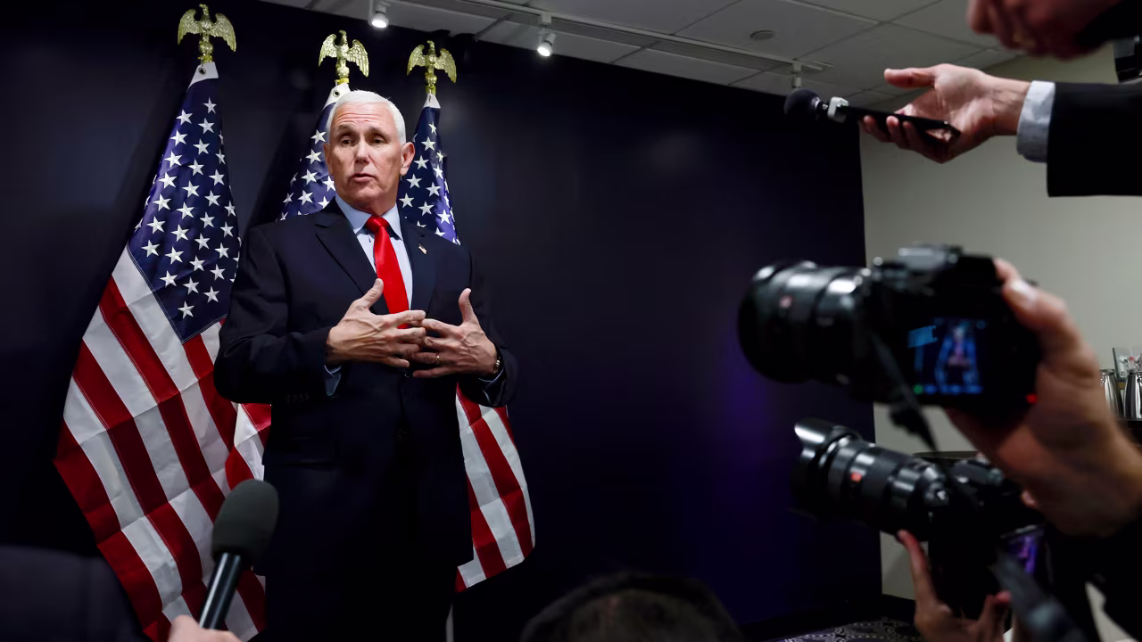 In this September 15 photo, former Vice President Mike Pence speaks to reporters after his remarks at the Pray Vote Stand Summit at the Omni Shoreham Hotel in Washington, DC.