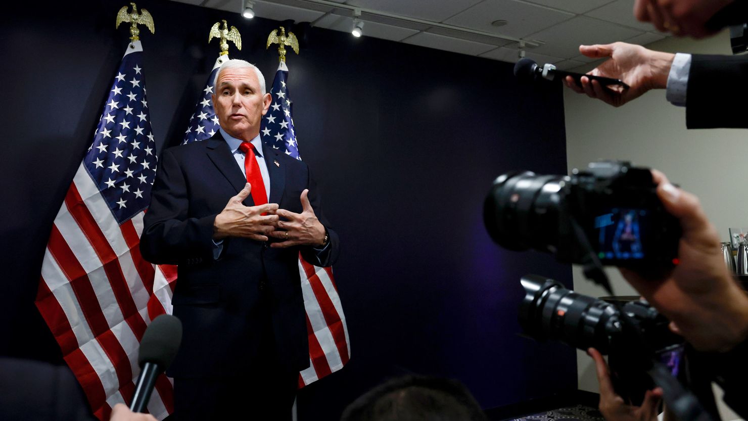 In this September 15 photo, former Vice President Mike Pence speaks to reporters after his remarks at the Pray Vote Stand Summit at the Omni Shoreham Hotel in Washington, DC.