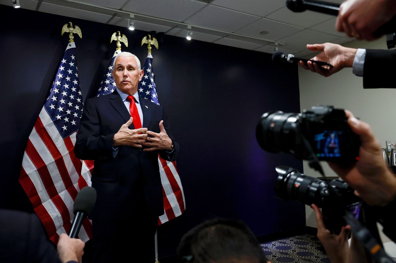 In this September 15 photo, former Vice President Mike Pence speaks to reporters after his remarks at the Pray Vote Stand Summit at the Omni Shoreham Hotel in Washington, DC.