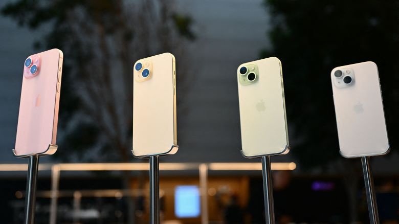 The Apple iPhone 15 series is displayed for sale at The Grove Apple retail store on release day in Los Angeles, California, on September 22, 2023.