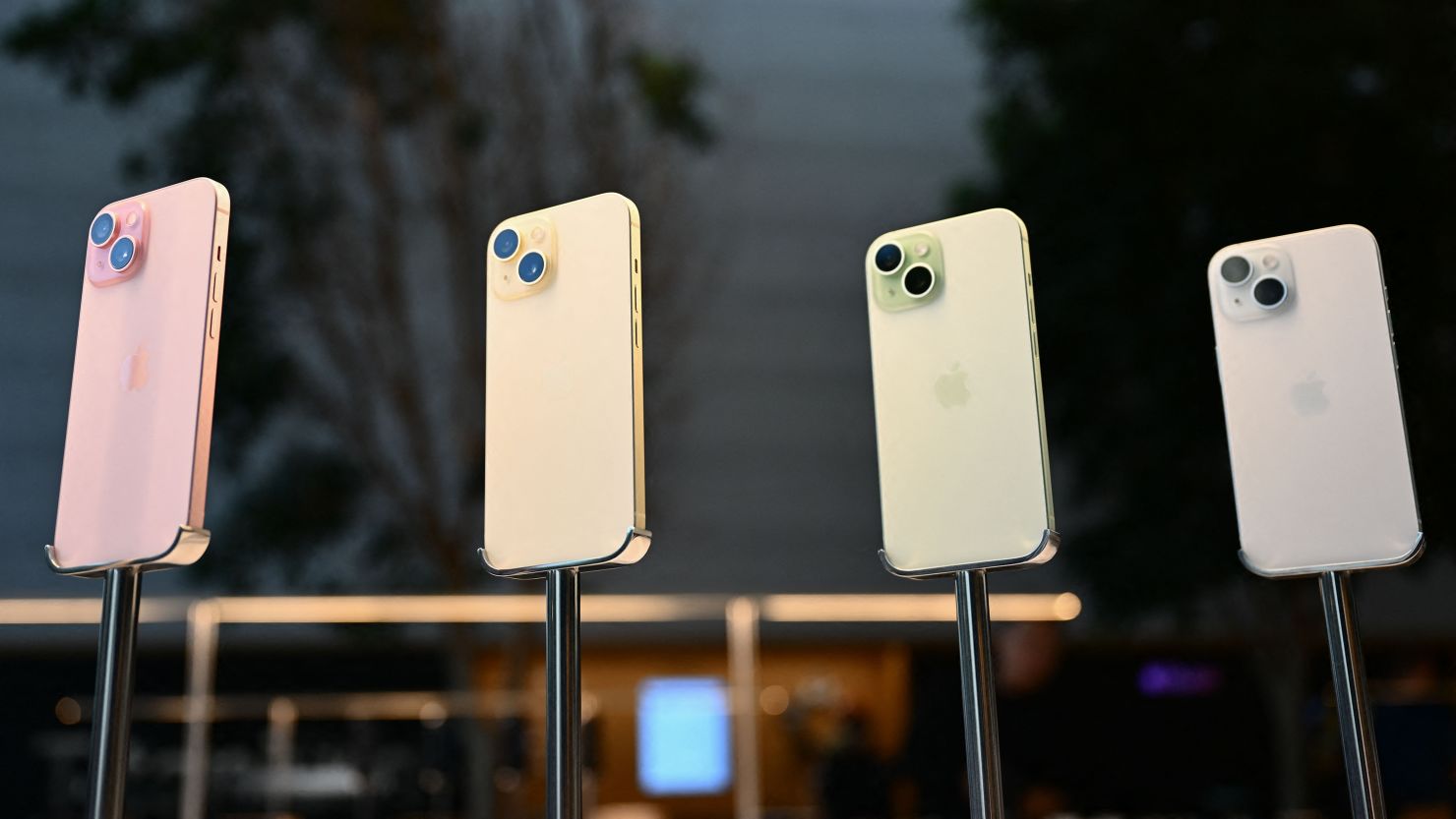 The Apple iPhone 15 series displayed for sale at The Grove Apple retail store in Los Angeles, California. Wall Street is hoping the iPhone 16 will come with major AI updates.