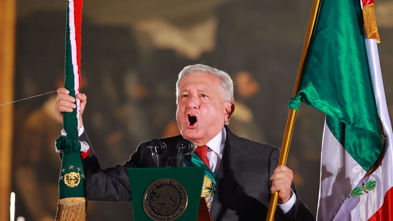 MEXICO CITY, MEXICO - SEPTEMBER 15: President of Mexico Andres Manuel Lopez Obrador gives the annual shout of independence (Grito de Independencia) as part of Mexico's Independence Day celebration at Zocalo on September 15, 2023 in Mexico City, Mexico.  The event also known as 'El Grito de Dolores' (The Cry of Dolores) took place on the early morning of September 16, 1810 in Dolores, Guanajuato when catholic priest Miguel Hidalgo called to arms people in the town. Every year, Mexicans remember the event a night before on September 15 with the traditional 'Grito de Indpendencia' (Cry of Independence) given by the president in turn. (Photo by Hector Vivas/Getty Images)