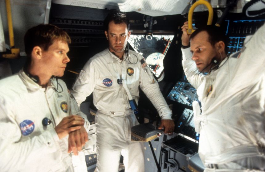 Kevin Bacon, Tom Hanks, and Bill Paxton seen during a scene from the film 'Apollo 13' in 1995.