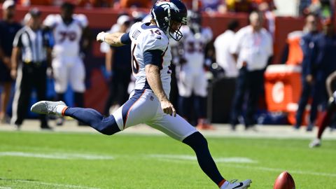 DENVER, CO - SEPTEMBER 17: Denver Broncos place kicker Wil Lutz (16) on the opening kickoff against the Washington Commanders at Empower Field at Mile High September 17, 2023. (Photo by Andy Cross/MediaNews Group/The Denver Post via Getty Images)
