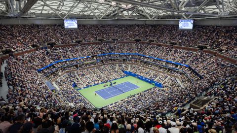 A general view of Coco Gauff of the United States in action against Aryna Sabalenka of Belarus in the Women's Singles Final on a packed Arthur Ashe Stadium with the roof closed during the US Open Tennis Championship 2023 at the USTA National Tennis Centre on September 9th, 2023 in Flushing, Queens, New York City.