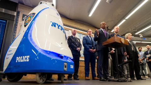 UNITED STATES -September 22: Mayor Eric Adams speaks during a press conference at the Times Square subway station about a Knightscope K5 autonomous security robot that is set to patrol the subway station in the near future Friday, September 22, 2023 in Manhattan, New York.    (Photo by Barry Williams for NY Daily News via Getty Images)