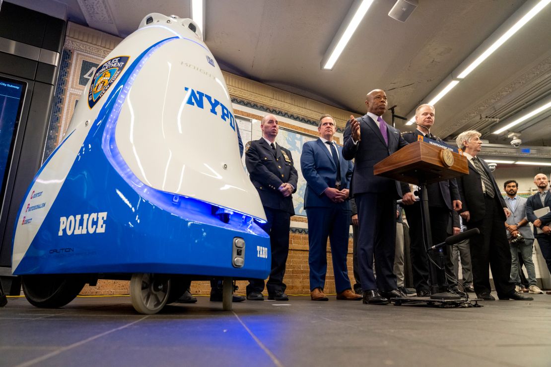 New York Mayor Eric Adams speaks during a press conference at the Times Square subway station about a Knightscope K5 autonomous security robot that was set to patrol the station.