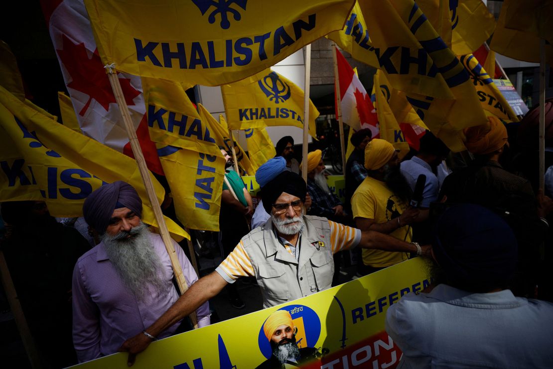 Demonstrators rally outside the Consulate General of India in Toronto, Canada following the murder of Sikh separatist Hardeep Singh Nijjar, on September 25, 2023.