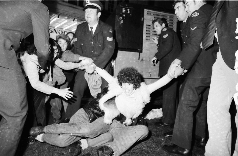 Protestors calling for gay and lesbian rights clash with police officers during the Mardi Gras march on Oxford Street in Sydney on International Homosexual Solidarity Day on June 24, 1978.