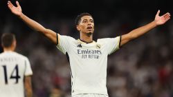 MADRID, SPAIN - SEPTEMBER 20: Jude Bellingham of Real Madrid celebrates after scoring their sides first goal during the UEFA Champions League match between Real Madrid CF and 1. FC Union Berlin at Santiago Bernabéu Stadium on September 20, 2023 in Madrid, Spain. (Photo by Florencia Tan Jun/Getty Images)