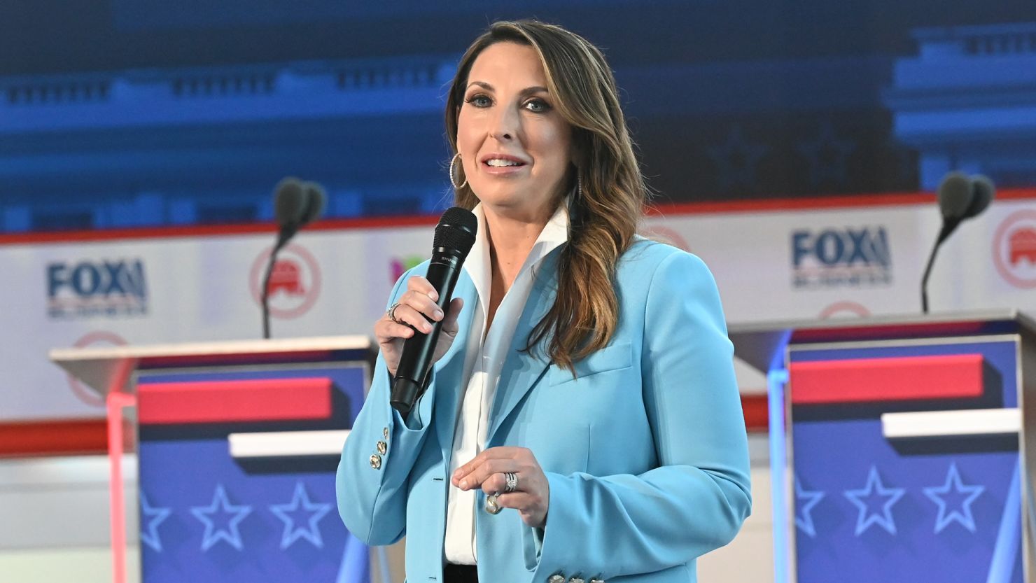 Ronna McDaniel at the Fox Business Republican Candidate Debate held at the Reagan Library on September 27, 2023 in Simi Valley, California. (Photo by Gilbert Flores/Variety via Getty Images)
