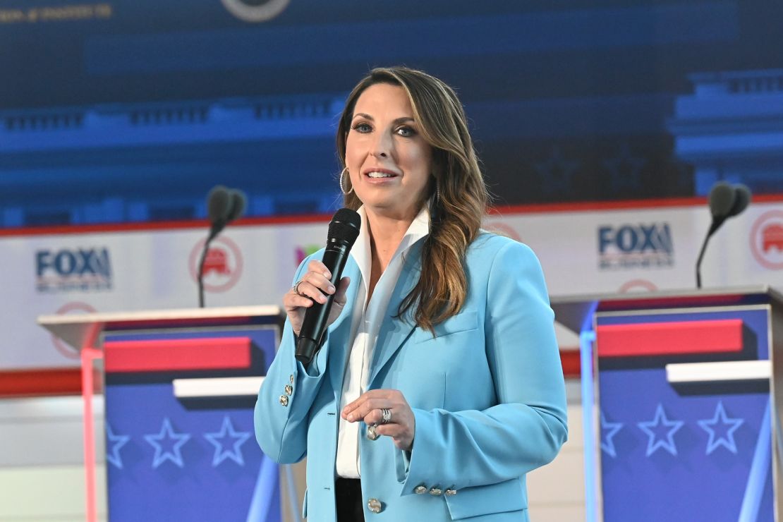 RNC Chairwoman Ronna McDaniel is seen at the Republican presidential primary debate at the Reagan Library in Simi Valley, California, on September 27, 2023.