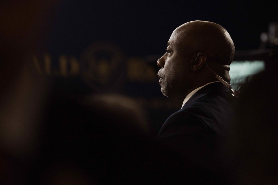 Sen. Tim Scott is seen during an interview following the Republican primary presidential debate in Simi Valley, California, on September 27, 2023.