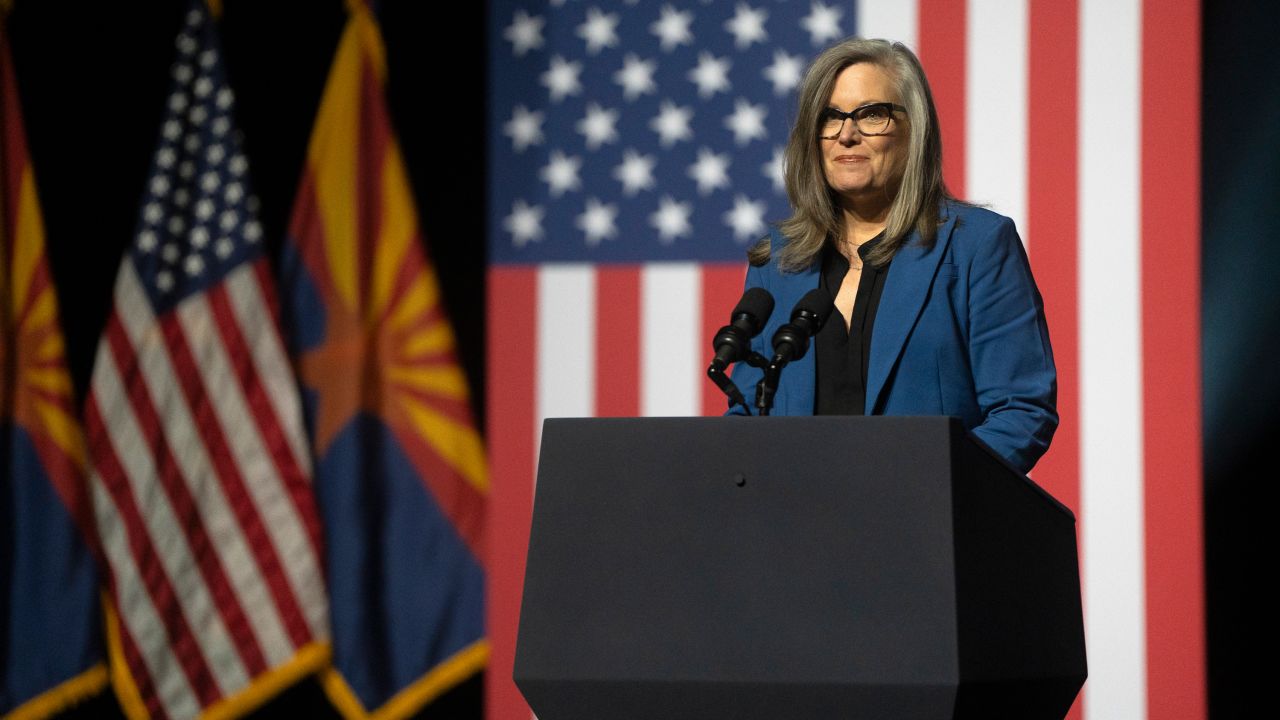TEMPE, ARIZONA - SEPTEMBER 28: Arizona Gov. Katie Hobbs gives a brief speech prior to President Joe Biden's remarks at the Tempe Center for the Arts on September 28, 2023 in Tempe, Arizona. Biden delivered remarks on protecting democracy, honoring the legacy of the late Sen. John McCain (R-AZ), and revealed funding for the McCain Library.(Photo by Rebecca Noble/Getty Images)