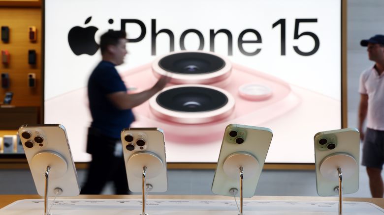 New Apple iPhone 15 models are displayed in the Apple The Grove store on the phone’s worldwide release day on September 22, 2023 in Los Angeles, California. The four new iPhone handsets feature a titanium frame, 48 megapixel main camera, and a USB-C charging cable.