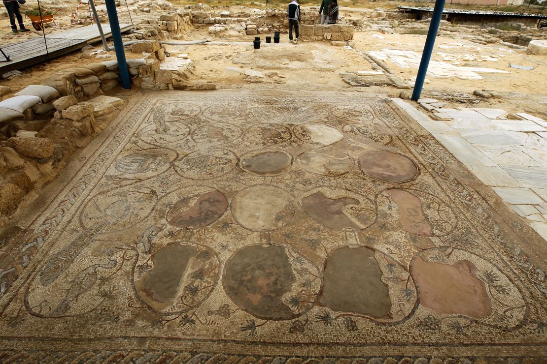 A large mosaic is pictured at the archaeological site in the central Gaza Strip.