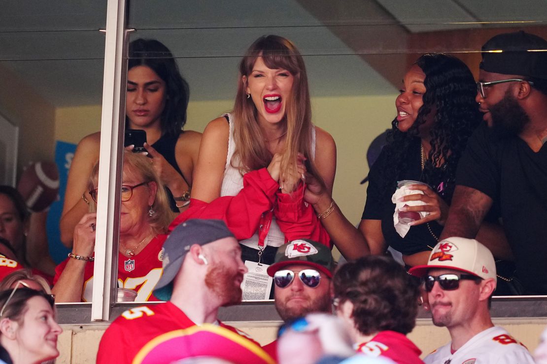 Taylor Swift reacts during the first half of a game between the Chicago Bears and the Kansas City Chiefs at GEHA Field at Arrowhead Stadium on September 24, 2023, in Kansas City, Missouri.