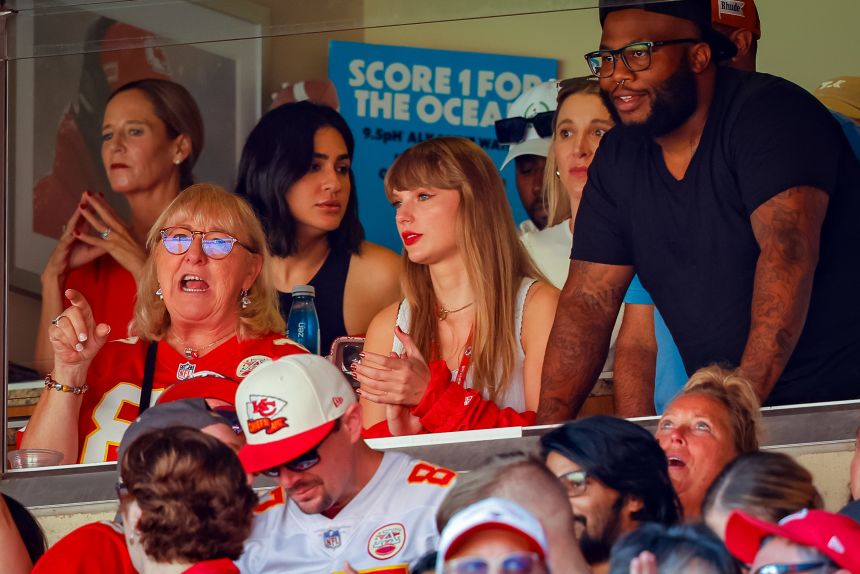 Taylor Swift watches a regular season Kansas City Chiefs game with Travis Kelce's mother, Donna Kelce, at Arrowhead Stadium on September 24, 2023.