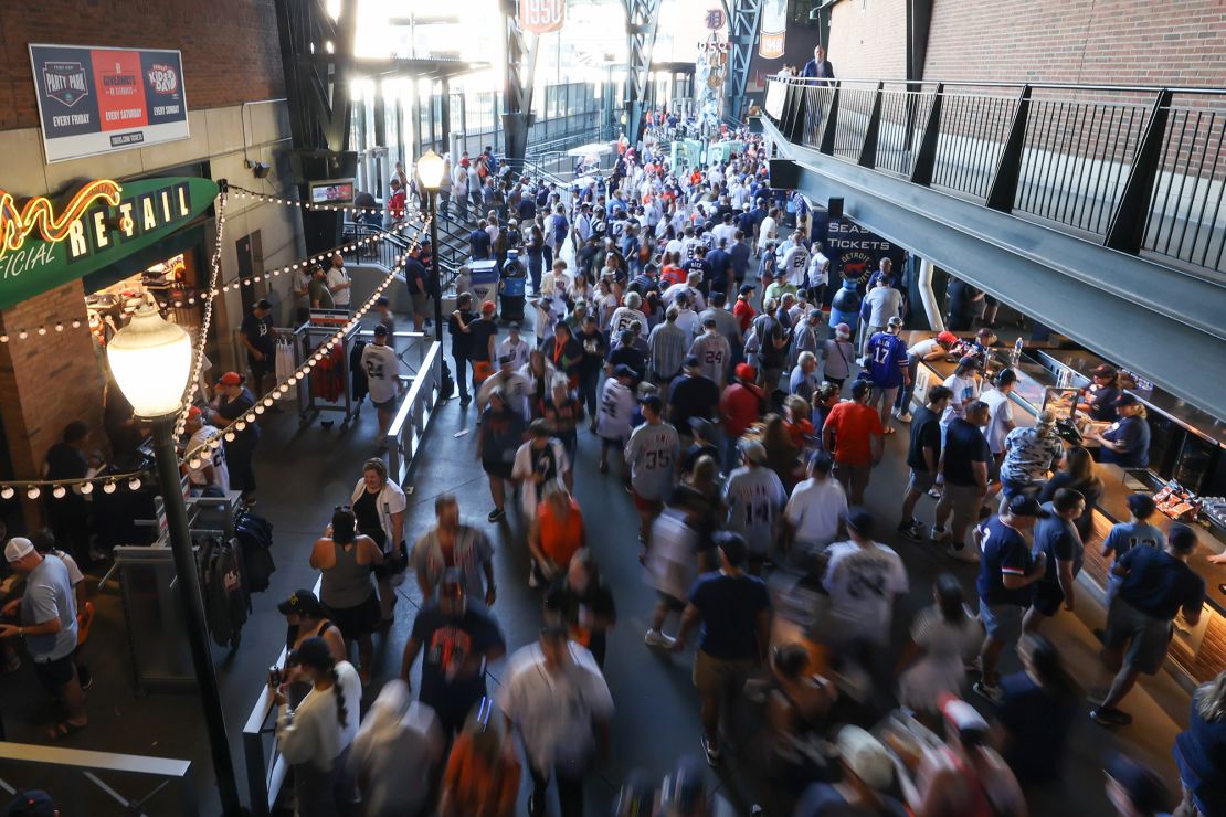 Fans move through the concourse area before the start of a Major League Baseball game on October 1, 2023 at Comerica Park in Detroit, Michigan.