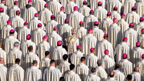 VATICAN CITY, VATICAN - OCTOBER 4: Priests, bishops, and cardinals preside at Holy Mass with the College of Cardinals for the Opening of the XVI Ordinary General Assembly of the Synod of Bishops on October 04, 2023 in Vatican City, Vatican. The Solemn Mass for the Opening of the XVI Ordinary General Assembly of the Synod of Bishops began with a modern version of the traditional Laudes Regiae hymn, invoking God's protection and blessing on the Church, on Pope Francis and the Bishops and the flock entrusted to him, and on civil leaders and all women and men. (Photo by Antonio Masiello/Getty Images)