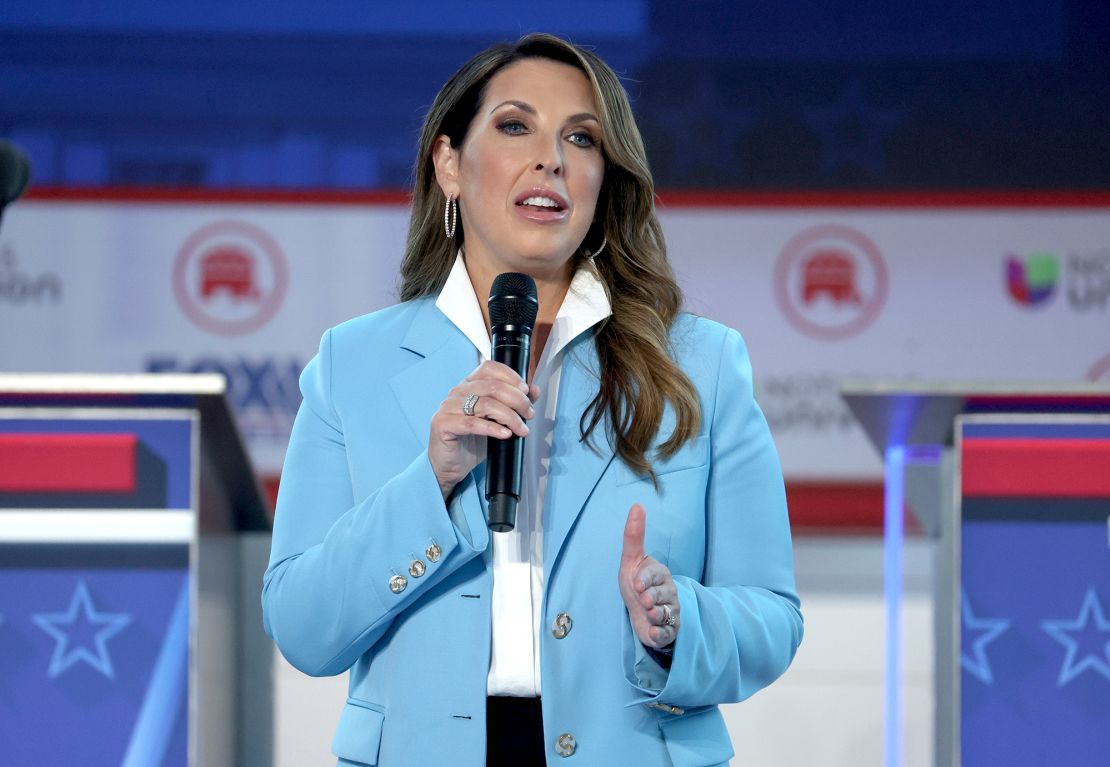 Ronna McDaniel, then-chair of the Republican National Committee, speaks at a GOP primary debate in 2023.