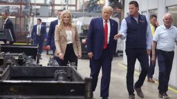 Former President Donald Trump toured Drake Enterprises, an automotive parts manufacturer in Clinton Township, Michigan, in September 2023. (Photo by Scott Olson/Getty Images)