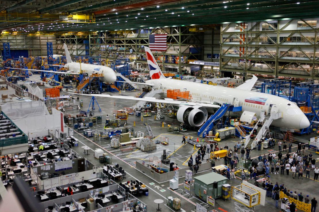 Workers assemble Boeing Co. 787 Dreamliner airplanes at the Boeing Everett Factory in Everett, Washington.