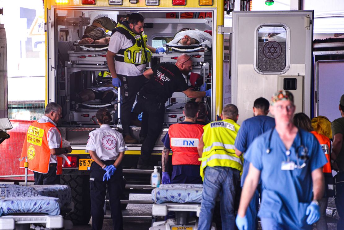 Special terrain ambulance brings injured people to the Ichilov hospital in Tel Aviv from the south following a Hamas incursion into Israeli settlements around the Gaza strip.