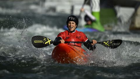 New Zeland's Luuka Jones celebrates after winning the Women's finals Kayak cross Single heats during the ICF Canoe Slalom World Cup as part of the 2024 Olympic Games Test Event, in Vaires-sur-Marne, near Paris, on October 8, 2023.