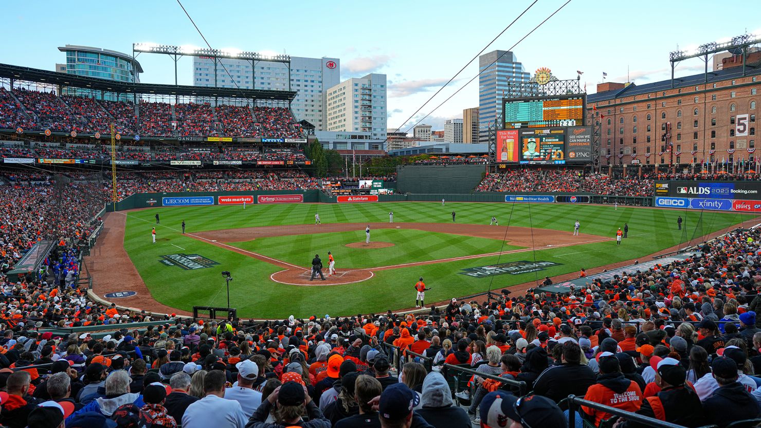A general view of Oriole Park during Game 2 of the Division Series between the Texas Rangers and the Baltimore Orioles at Oriole Park at Camden Yards on Sunday, October 8, 2023 in Baltimore, Maryland.