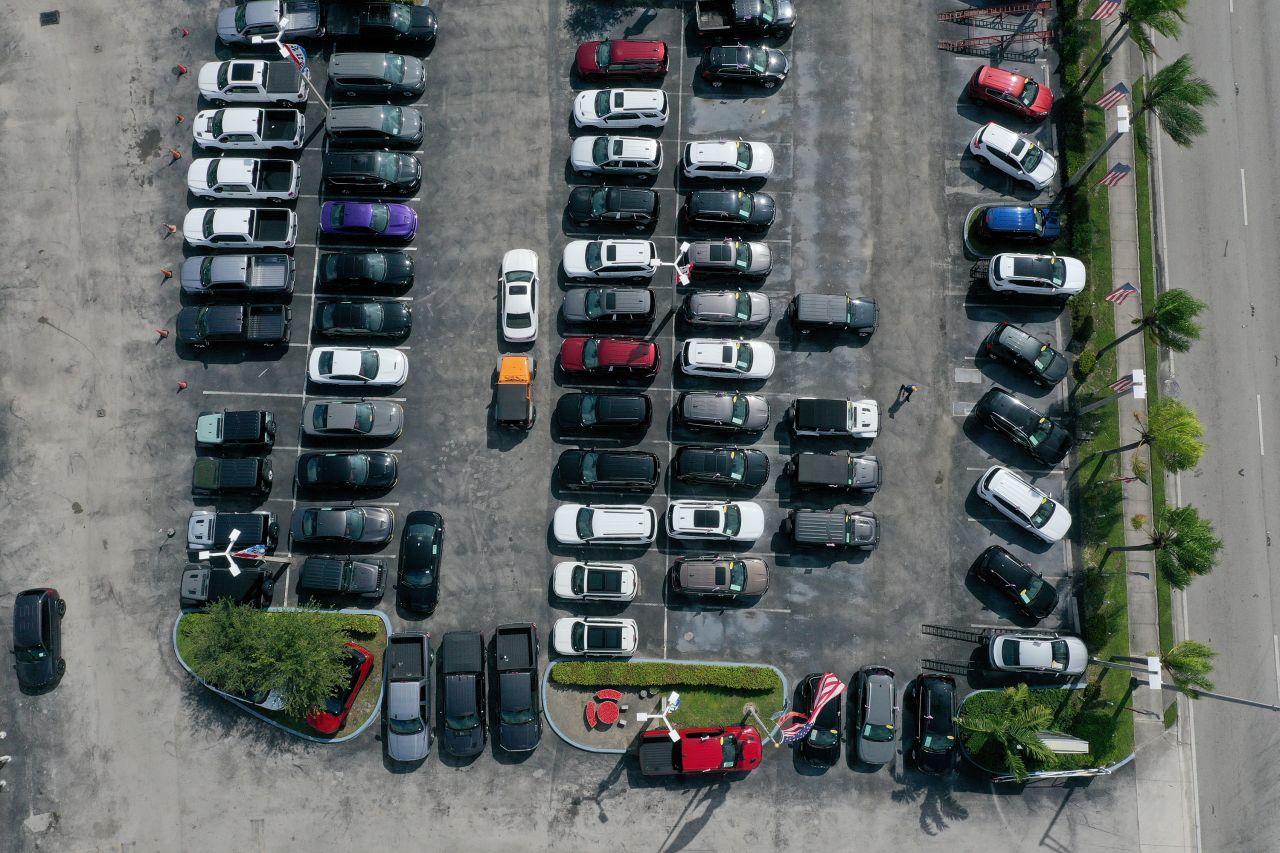 New vehicles sit on a Dodge Chrysler-Jeep Ram dealership's lot on October 3, 2023 in Miami.