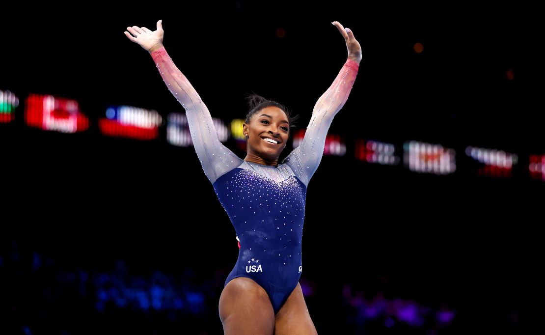 Biles celebrates after her floor exercise routine at last year's world championships in Antwerp, Belgium.