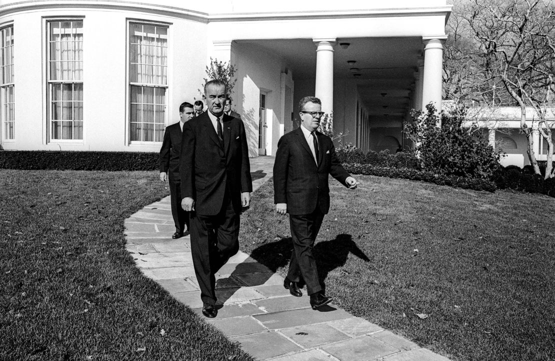 Newly sworn President Lyndon B. Johnson leaves The White House on November 30, 1963.