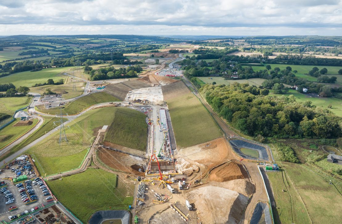 Pictured in September 2023, HS2's north tunnel portal (bottom of image) takes shape at the Chiltern Hills near Great Missenden.