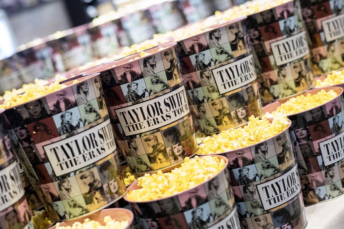 Popcorn buckets are pictured during the "Taylor Swift: The Eras Tour" concert movie world premiere at AMC The Grove in Los Angeles in 2023.