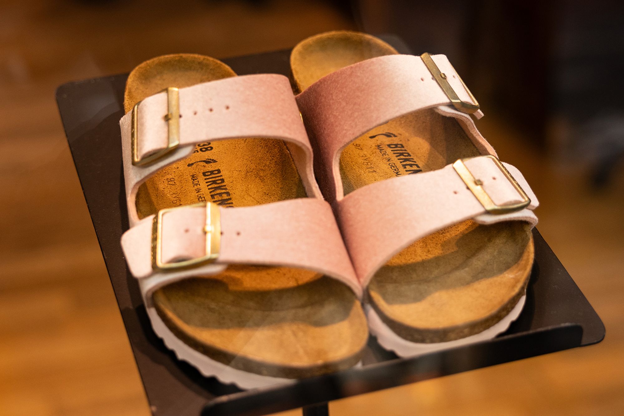 A pair of Birkenstock sandals on display at a store in New York.