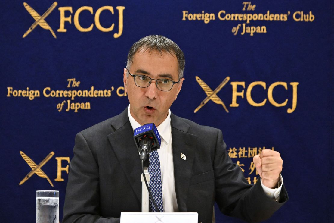 Israeli Ambassador Gilad Cohen speaks at the Foreign Correspondents' Club of Japan in Tokyo on October 13, 2023.