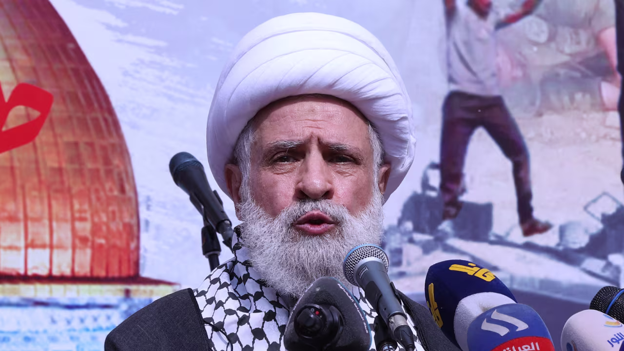 Naim Qassem delivers a speech during a rally in Beirut on October 13, 2023.