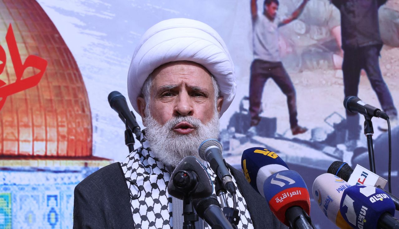 Naim Qassem delivers a speech during a rally in Beirut on October 13, 2023.