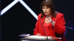 BUENOS AIRES, ARGENTINA - OCTOBER 08: Presidential candidate for Juntos Por El Cambio Patricia Bullrich speaks during the final debate ahead of the presidential elections at Facultad de Derecho of Universidad de Buenos Aires on October 08, 2023 in Buenos Aires, Argentina. Amid rising inflation and a political crisis, Argentinians will go to the polls on October 22 to elect Alberto Fernandez's successor. (Photo by Agustin Marcarian - Pool/Getty Images)